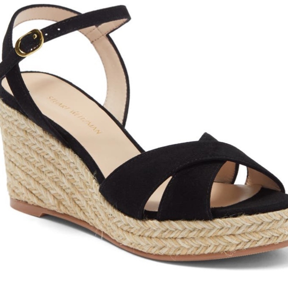 Stuart Weitzman Black Suede Espadrille Wedge Sandals